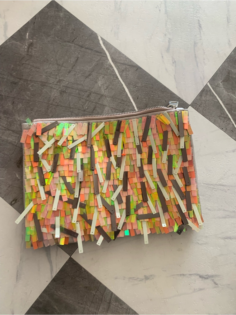 ASOS Sequin Fringe Clutch in Peach, Neon Green & Beige